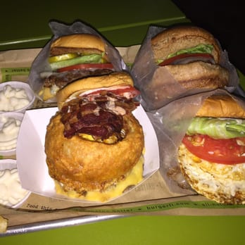 BurgerFi - Made my own double cheeseburger with bacon, fried egg and onion rings, best onion ring i ever had - Burgers Near Me - Aventura, Florida BurgerFi - Made my own double cheeseburger with bacon, fried egg and onion rings, best onion ring i ever had - Burgers Near Me - Aventura, Florida