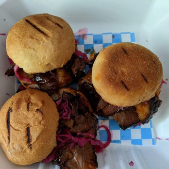 The Bison on Main - Three Brisket Sliders - Hand cut hickory smoked beef brisket, tossed with hickory bbq sauce, pickled cabbage & onions - Pubs Near Me - Bothell, Washington