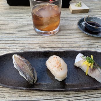 OKO Kitchen - L to R - Aji, Hotate, Saba. Japanese old fashioned up top. - Japanese Near Me - Rye, New York OKO Kitchen - L to R - Aji, Hotate, Saba. Japanese old fashioned up top. - Japanese Near Me - Rye, New York