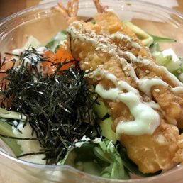 Salmon and shrimp tempura poke bowl! Yumm!!