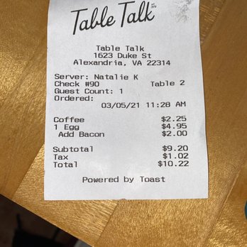 Table Talk - Very reasonably priced. (I usually share a meal, so being able to order one egg is perfect) - American Near Me - Alexandria, Virginia Table Talk - Very reasonably priced. (I usually share a meal, so being able to order one egg is perfect) - American Near Me - Alexandria, Virginia