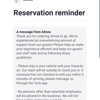 Alinea - Clear reminders and information on pick up - New American Near Me - Chicago, Illinois
