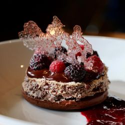 Farow - Raspberry tart- cocoa nib dacquoise, chocolate ganache, raspberry rose jam, bubble sugar