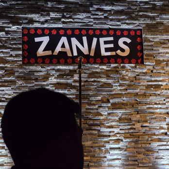 Zanies - The image shows a dark silhouette of a person in the foreground, with a textured brick wall behind them. Mounted on the wall is a rectangular sign with the word "ZANES" in large white letters, surrounded by a border of red roses. The lighting highlights the brick wall’s texture and the sign’s prominence, suggesting an indoor setting at a comedy club or entertainment venue. - Comedy Clubs Near Me - Rosemont, Illinois