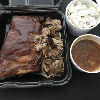 Cali BBQ - Combo Plate: Ribs and Pulled Pork, side of Wedding Beans and Potato Salad. - Barbeque Near Me - Spring Valley, California