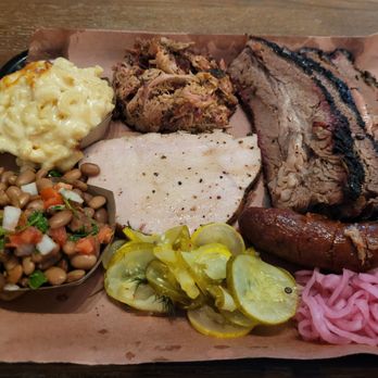 Lewis Barbecue - Brisket, pulled pork, slice of turkey, and a hot gut link. - Barbeque Near Me - Charleston, South Carolina Lewis Barbecue - Brisket, pulled pork, slice of turkey, and a hot gut link. - Barbeque Near Me - Charleston, South Carolina