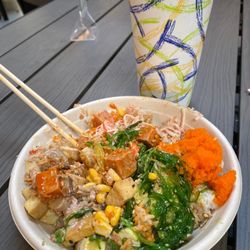 All In Poke - Create your own poke bowl (white rice, chicken, spam, tofu with garlic soy/spicy mayo sauce, corn, seaweed, masago, mushroom, crab meat)