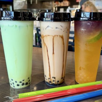Hokkaido Ramen CDA - Left to right: honeydew w/tapioca pearls, brown sugar w/tapioca pearls, and pineapple galaxy lemonade with passion fruit boba - Ramen Near Me - Coeur d'Alene, Idaho Hokkaido Ramen CDA - Left to right: honeydew w/tapioca pearls, brown sugar w/tapioca pearls, and pineapple galaxy lemonade with passion fruit boba - Ramen Near Me - Coeur d'Alene, Idaho