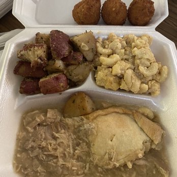 Mary B's Southern Kitchen - Chicken pie with roasted potatoes, Mac n cheese and hush puppies. - Southern Near Me - Archdale, North Carolina Mary B's Southern Kitchen - Chicken pie with roasted potatoes, Mac n cheese and hush puppies. - Southern Near Me - Archdale, North Carolina