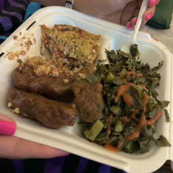 The New Soul Veg Restaurant & Cafe' - Lasagna (top left), kalebone (bottom left), greens (right) - Vegetarian Near Me - Atlanta, Georgia