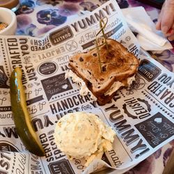 Tina And Joes Cafe - Chicken salad sandwich on raisin toast with cream cheese. Side of potato salad. So good!!
