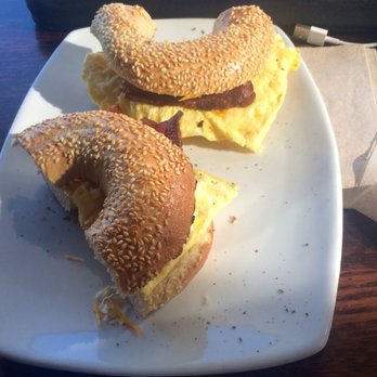Tru Bru - Breakfast sandwich with bacon on sesame bagel - Coffee & Tea Near Me - Orange, California Tru Bru - Breakfast sandwich with bacon on sesame bagel - Coffee & Tea Near Me - Orange, California