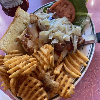 Jackson Hole - Western Bronco grilled chicken sandwich (grilled onions, bacon, bbq sauce) platter with waffle fries - Burgers Near Me - East Elmhurst, New York