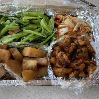 Mama Woo's BBQ - Double order Choi sum, kimchi, shoyu potatoes and fried eggplant - Korean Near Me - Honolulu, Hawaii Mama Woo's BBQ - Double order Choi sum, kimchi, shoyu potatoes and fried eggplant - Korean Near Me - Honolulu, Hawaii