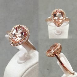 LaBiche Jewelers - Pear shaped Morganite in 14kt rose gold with an elegant diamond halo.