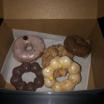 Friendly Donuts - Blueberry glaze, Ube Mochi, Lemon Crumble Mochi, Cinnamon Toast Cereal Donut, and Blueberry Cake - Donuts Near Me - Orange, California