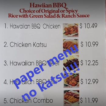 Corona Burgers - Paper menu on their counter right now that shows chicken katsu :( not to mention all the other items not available - Burgers Near Me - Corona, California
