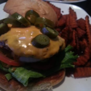 Wallbangers Burger Bar - Stuffed jalapeno cheese burger, sweet potato fries. - Burgers Near Me - McAllen, Texas Wallbangers Burger Bar - Stuffed jalapeno cheese burger, sweet potato fries. - Burgers Near Me - McAllen, Texas