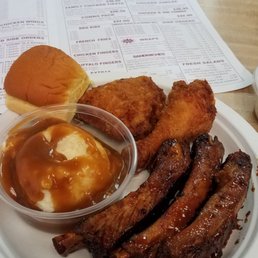 Chicken n ribs dinner yum..cheating...all good and well deserved. Chicken n ribs dinner yum..cheating...all good and well deserved.