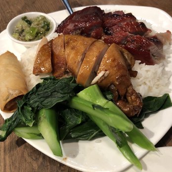 Congee Queen - BBQ two selection rice with vegetables and spring roll, lunch combo - Chinese Near Me - Toronto, Ontario
