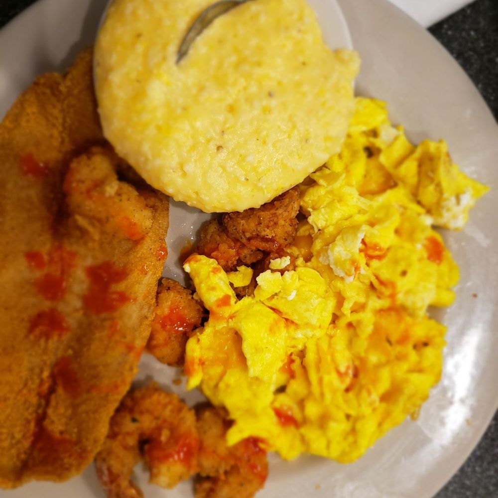 Thumbs Up Diner - Shrimp and fish special with grits and scrambled eggs - Breakfast & Brunch Near Me - Douglasville, Georgia Thumbs Up Diner - Shrimp and fish special with grits and scrambled eggs - Breakfast & Brunch Near Me - Douglasville, Georgia