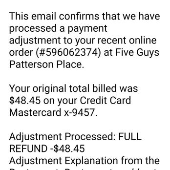 Five Guys - refund was due to security reason and no cheese at a burger place? - Burgers Near Me - Durham, North Carolina