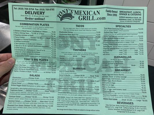 Menu photo 1 Tony's Mexican Grill Sherman Oaks, CA