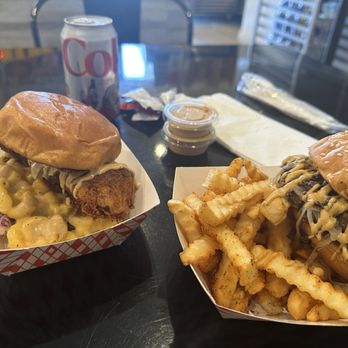 Mean Chix - Mean Mac sandwich (left). And double burger (right) - Chicken Wings Near Me - Lynwood, California