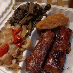 Dodah's Kitchen - Cabbage, collards and BBQ Ribs. Drummies