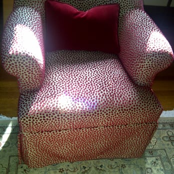 Brookfield Upholstery - The red velvet cushions ground the wacky fabric here. - Furniture Reupholstery Near Me - Brookfield, Illinois