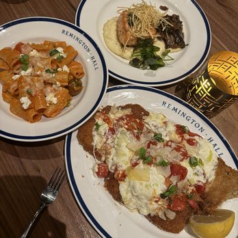 Remington Hall - Pan Seared Salmon (top right) Rigatoni (top left) Bone In Pork Chop Milanese (bottom right) - New American Near Me - Park City, Utah Remington Hall - Pan Seared Salmon (top right) Rigatoni (top left) Bone In Pork Chop Milanese (bottom right) - New American Near Me - Park City, Utah