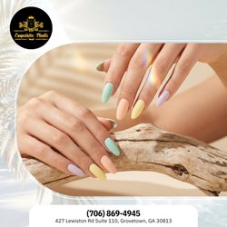 Stay chic with a gorgeous palette of solid muted tones, featuring sage green, soft lilac, and sunny yellow almond tips. Book today!