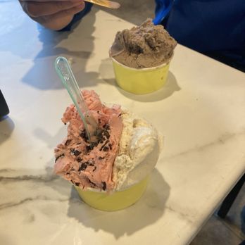 Latella at the Beach - Medium cup with half chocolate covered strawberry sorbetto and half maple walnut gelato! And a medium cup of Oreo gelato! - Gelato Near Me - Carolina Beach, North Carolina