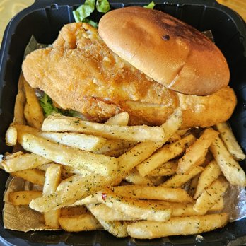 Cafe 1908 - 5'23'2023 Fish Sandwich w Garlic Fries (Sooo Good) - Seafood Near Me - Baltimore, Maryland
