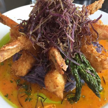 Kula Bistro - 6 massive shrimp on a bed of purple sweet potatoes with the garnish -onions?  I want to say there was a cilantro infused sauce. - Italian Near Me - Kula, Hawaii