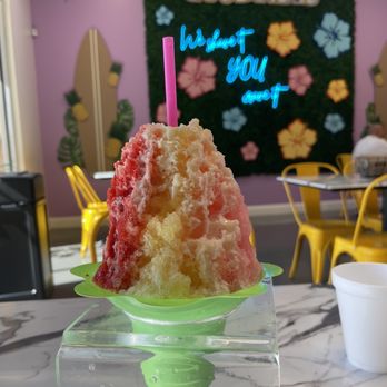 Aloha Ice - Strawberry, pineapple, guava, with vanilla ice cream on bottom - Shaved Ice Near Me