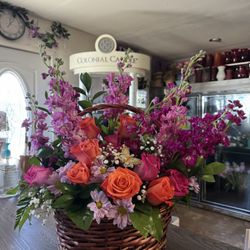 Tenderly Yours Floral Design - Vibrant Garden Basket - Bright Roses & Stock by Tenderly Yours Floral Design