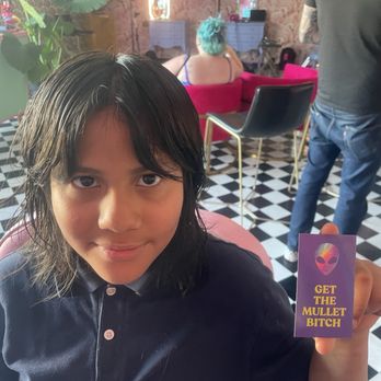 The Flamingo Lounge - My autistic fluid gender daughter wanted a wolf cut. Her hair is wet and not styled but they love it! - Hair Salons Near Me - Los Angeles, California The Flamingo Lounge - My autistic fluid gender daughter wanted a wolf cut. Her hair is wet and not styled but they love it! - Hair Salons Near Me - Los Angeles, California