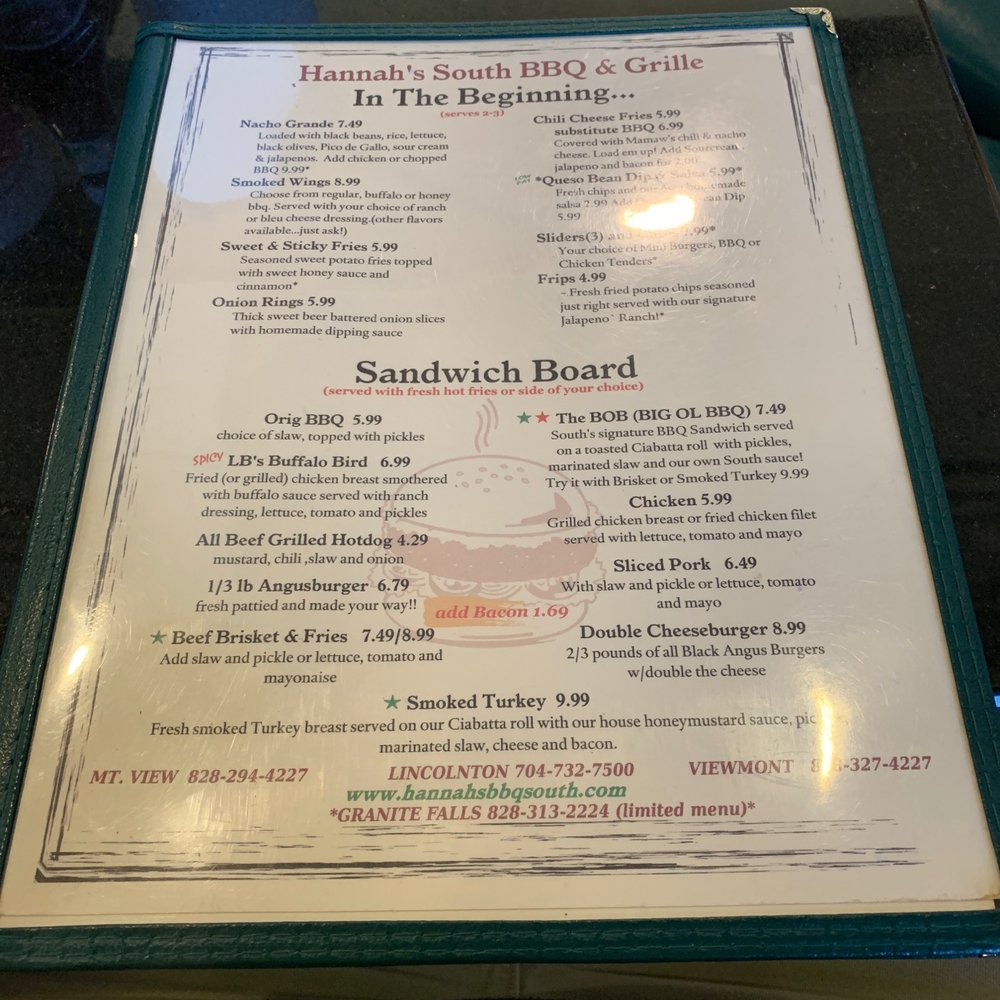 Hannah's BBQ South - Menu - Barbeque Near Me - Hickory, North Carolina Hannah's BBQ South - Menu - Barbeque Near Me - Hickory, North Carolina
