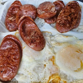 Lee's Breakfast - 1 choice: portuguese sausage, eggs over easy. Yum! - Food Trucks Near Me - Waipahu, Hawaii