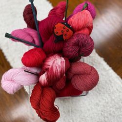 A bouquet of yarn and a tape measure lady bug.
