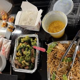 Beef Broccoli, white rice, egg drop Soup, Chicken Lo Mein Beef Broccoli, white rice, egg drop Soup, Chicken Lo Mein