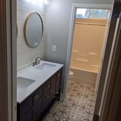 Gilgen Handyman and Construction - Bathroom update with new tile floor, shiplap walls, new vanity and top.