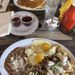 Chilaquiles and pancakes