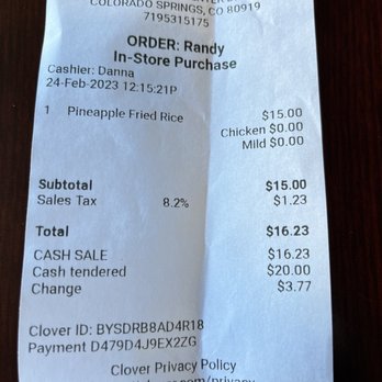 NaRai Thai - Receipt for take out lunch. Pineapple Fried Rice with Chicken. Mild seasoning. $15 - Thai Near Me - Colorado Springs, Colorado NaRai Thai - Receipt for take out lunch. Pineapple Fried Rice with Chicken. Mild seasoning. $15 - Thai Near Me - Colorado Springs, Colorado