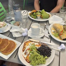 Pumpkin pancakes, red chili enchiladas with cilantro rice, vegan omelette & avocado omelette wrap. DELICIOUS! Family hit!