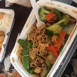 Bad hard ramen noodles and frozen vegetables.