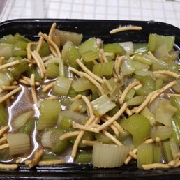 This was supposed to be chicken chow mein. Literally maybe 3 small pieces of chicken and this was the rest. All Celery and water. This was supposed to be chicken chow mein. Literally maybe 3 small pieces of chicken and this was the rest. All Celery and water.