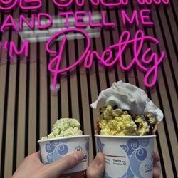 Sub Zero Nitrogen Ice Cream - Small on the left with key lime cheesecake.  Regular on the right banana Cream Pie with fudge and whipped topping!