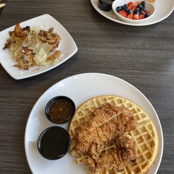 French Toast Bistro - Chicken and Waffles (Modified no bacon greens) We substituted house potatoes and upgraded to a cup of Fruit - Cajun/Creole Near Me - Canton, Michigan French Toast Bistro - Chicken and Waffles (Modified no bacon greens) We substituted house potatoes and upgraded to a cup of Fruit - Cajun/Creole Near Me - Canton, Michigan